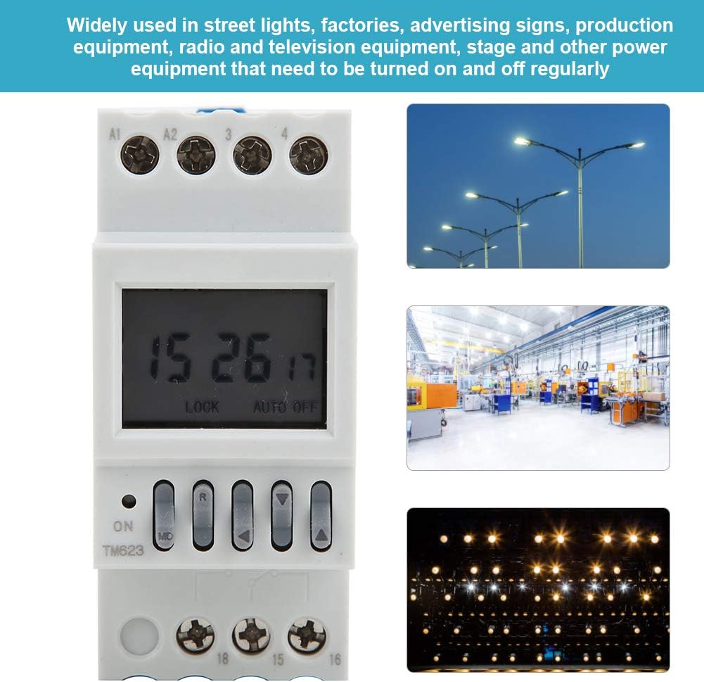 TM623 Timer Switch in various applications like street lights, factories, and stage lighting