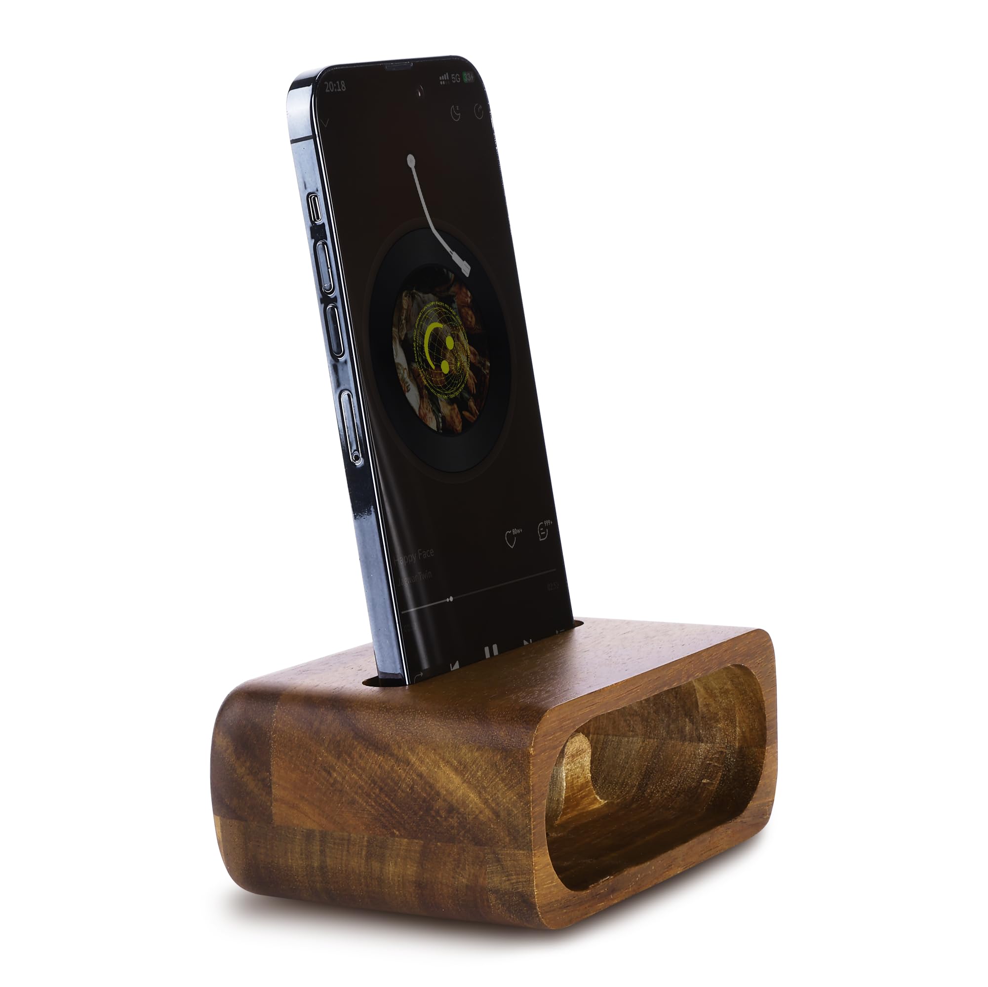 Navaris Porta Cellulare da Tavolo - Supporto con Funzione Amplificatore - con Spazio per Cavo di Ricarica - Appoggia Telefono da Scrivania in Legno di Acacia