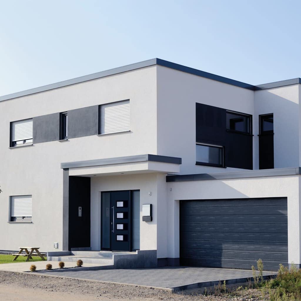 Drzwi wejściowe, antracytowe, 110 x 210 cm, aluminium i PCW, drzwi wejściowe z 5-drożnym zamkiem bezpieczeństwa, przeszkleniem chroniącym przed ciepłem ISO, regulowanymi zawiasami, do