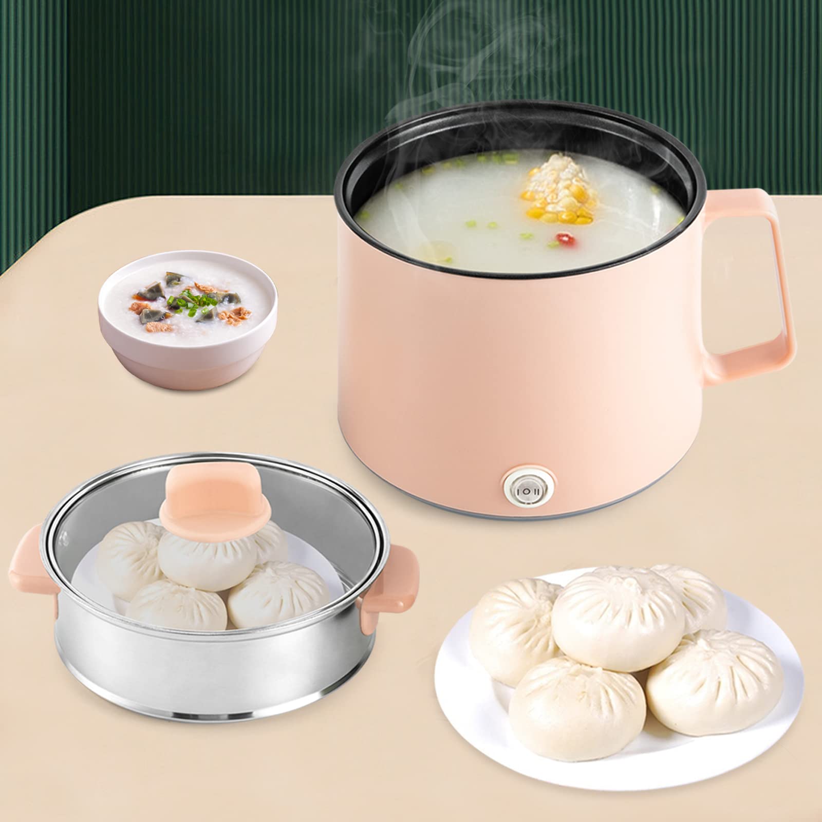 Olla de fondue eléctrica con cesta de vapor 1,7 litros olla de viaje portátil para cocinar sopa de fideos, adecuada para dormitorios, fiestas y viajes (rosa)
