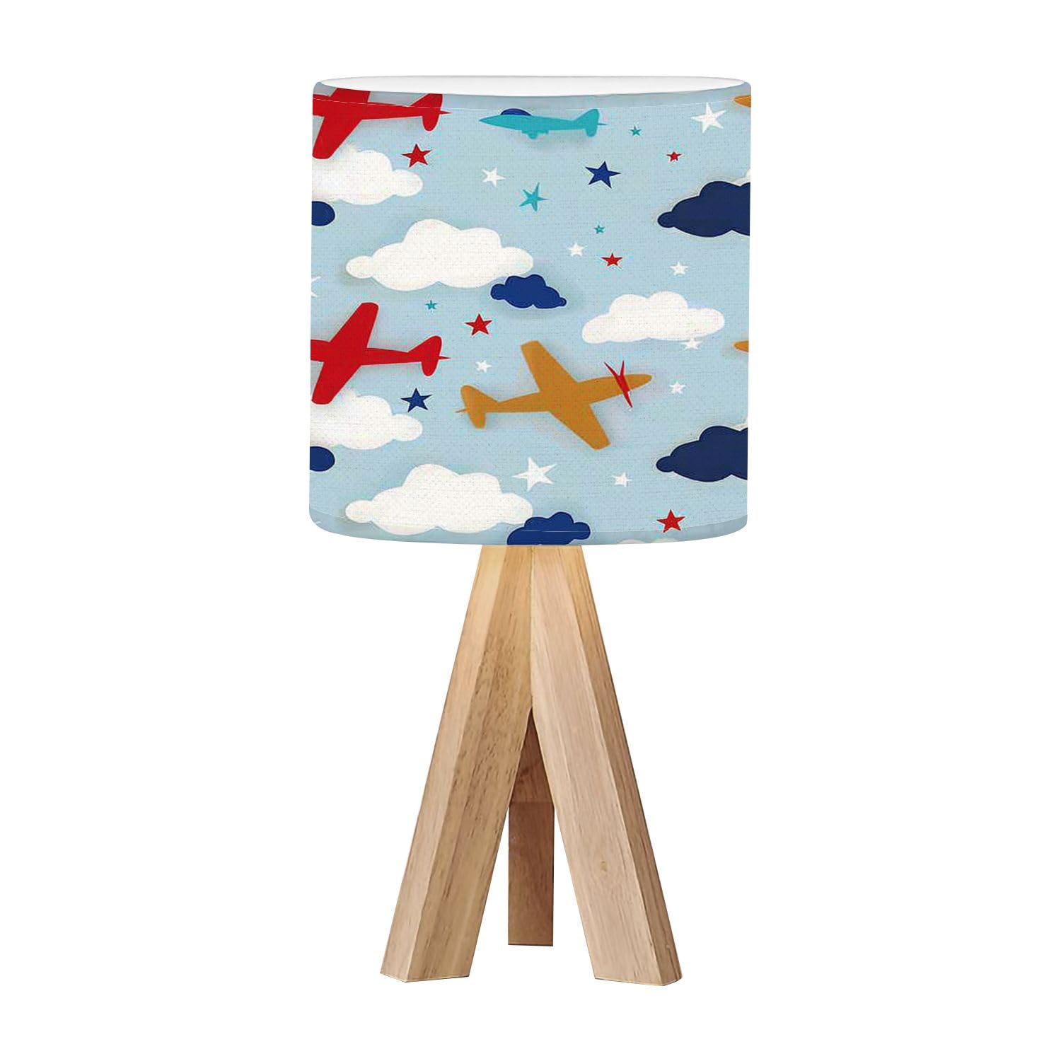 Tripod Bedside Desk Table Lamp Kids Seamless Pattern Airplanes Stars Clouds Colorful White Baby Wood Nightstand Lamp with Linen Fabric Shade for Nursery Bedroom Living Room Kids Room