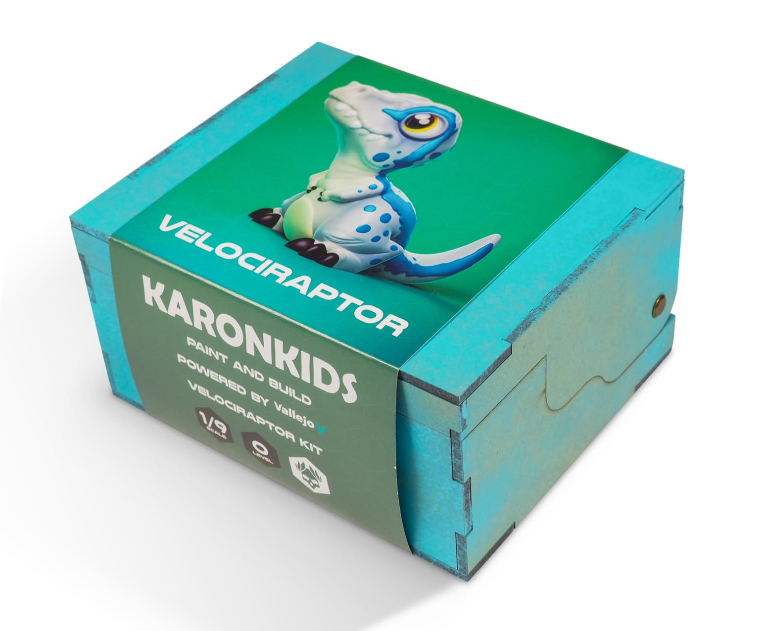 Vallejo Modello Color Set di pittura acrilica Karonkids Velociraptor. Kit Iniziazione con 5 Colori in Bottiglie da 18 ml, Miniatura, 2 Pennelli e Scatola di Legno per Pittura Miniature e Modellismo