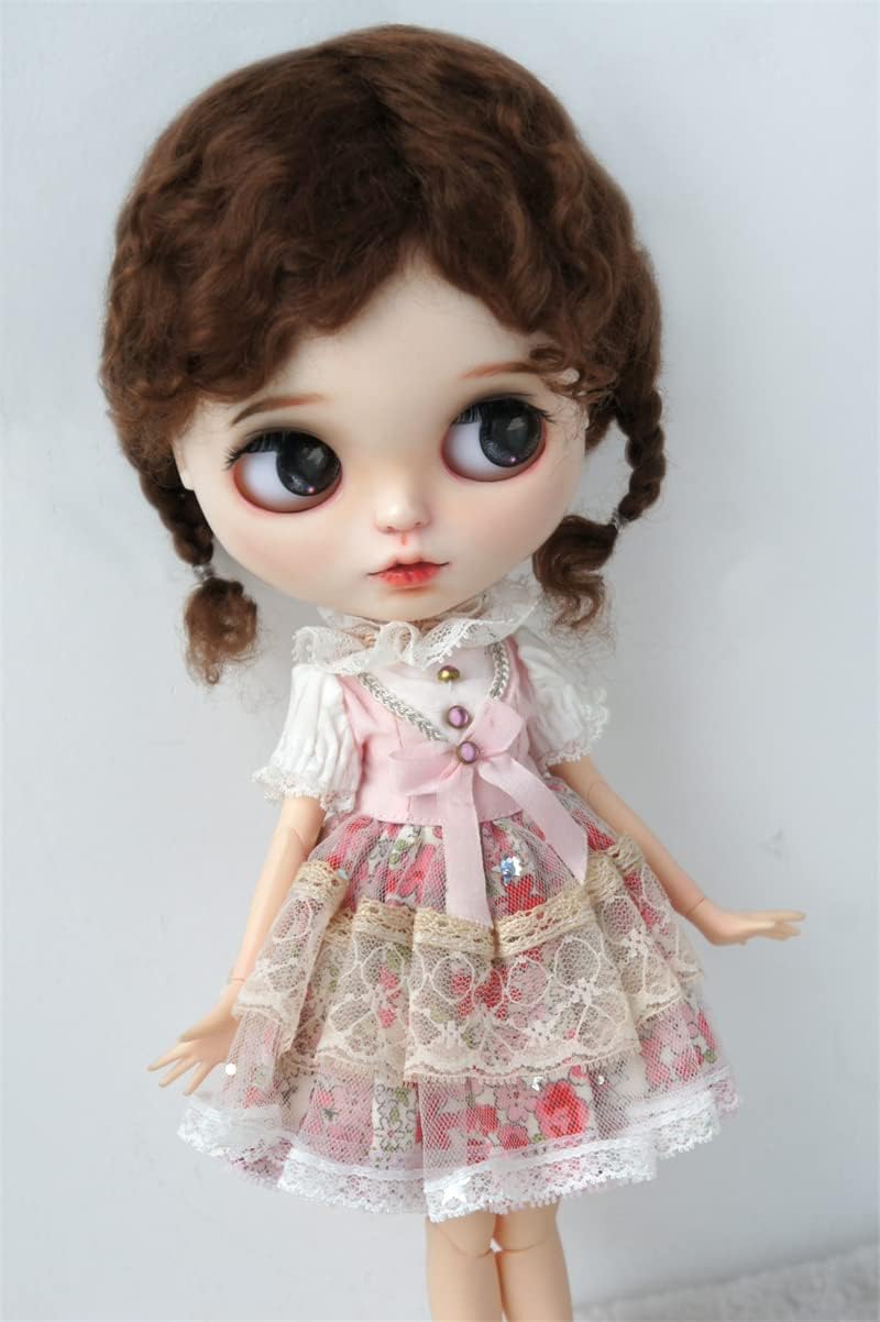 QBaby Doll Wigs JD644 9-10inch 23-25cm Messy Baby Curly Mini Twintail Mohair BJD Hair DOD Doll Accessories (L.t Brown M11)