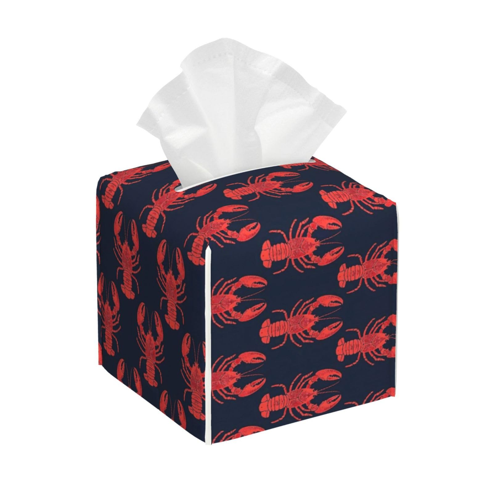 Retro Red Lobster Navy Blue Print Tissue Box Cover Holder Square, Foldable Modern Cube Tissue Box Cover, Leather Decorative Organizer for Tabletop Bathroom Car Office Desk Decor