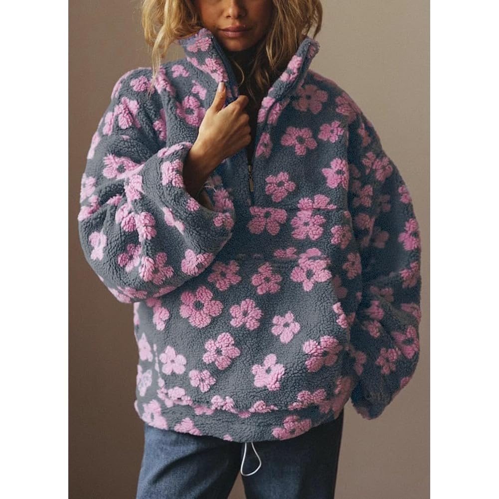 Damskie jesienne bluzy polarowe uroczy kwiatowy nadruk półzamek błyskawiczny sweter z długim rękawem Y2k Sherpa płaszcz z kieszenią