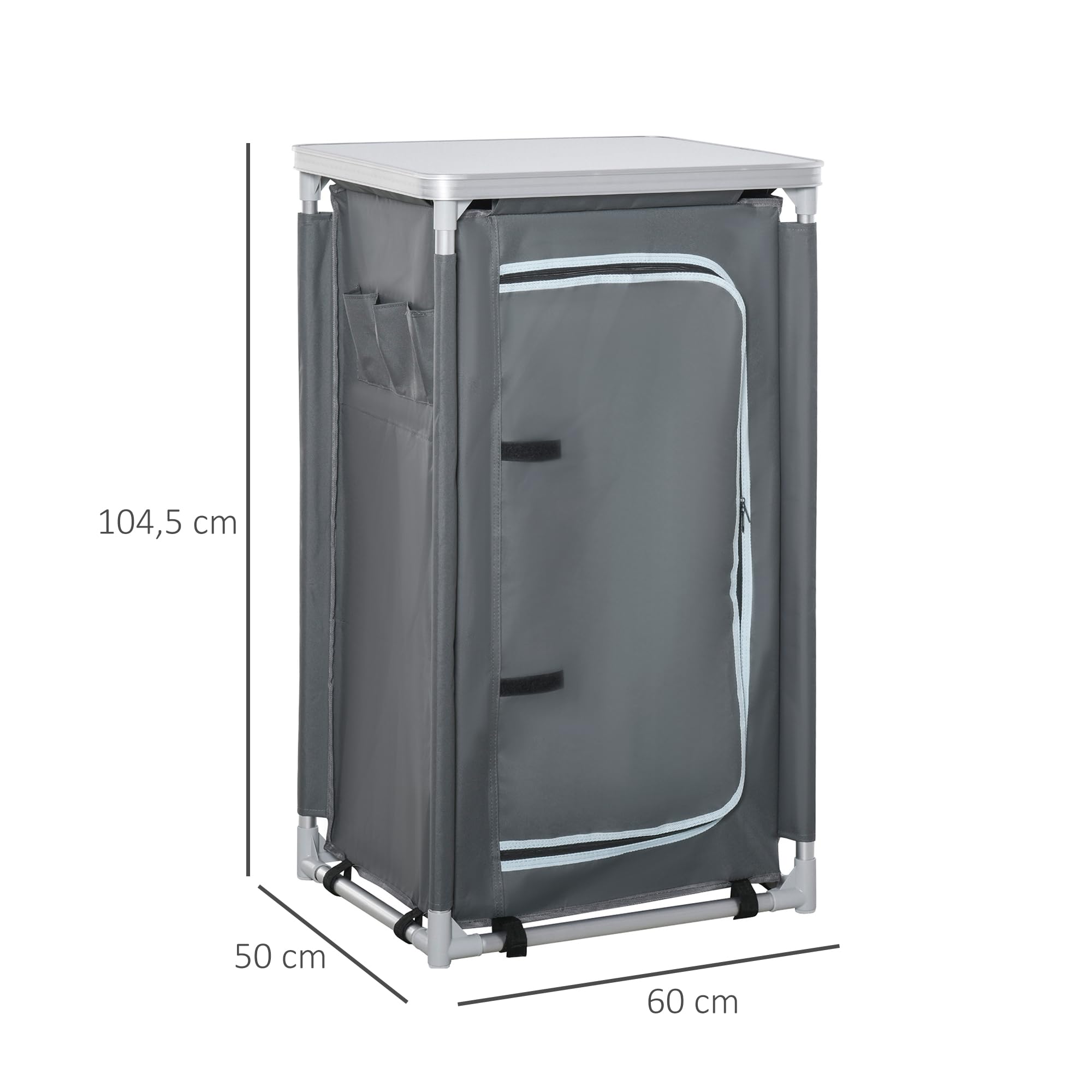 Outsunny Cuisine de Camping, Meuble de Camping avec étagères, Sac de Transport Inclus, Structure en Aluminium, pour Accessoires Cuisine, Aliments, 60 x 50 x 104,5 cm, Gris