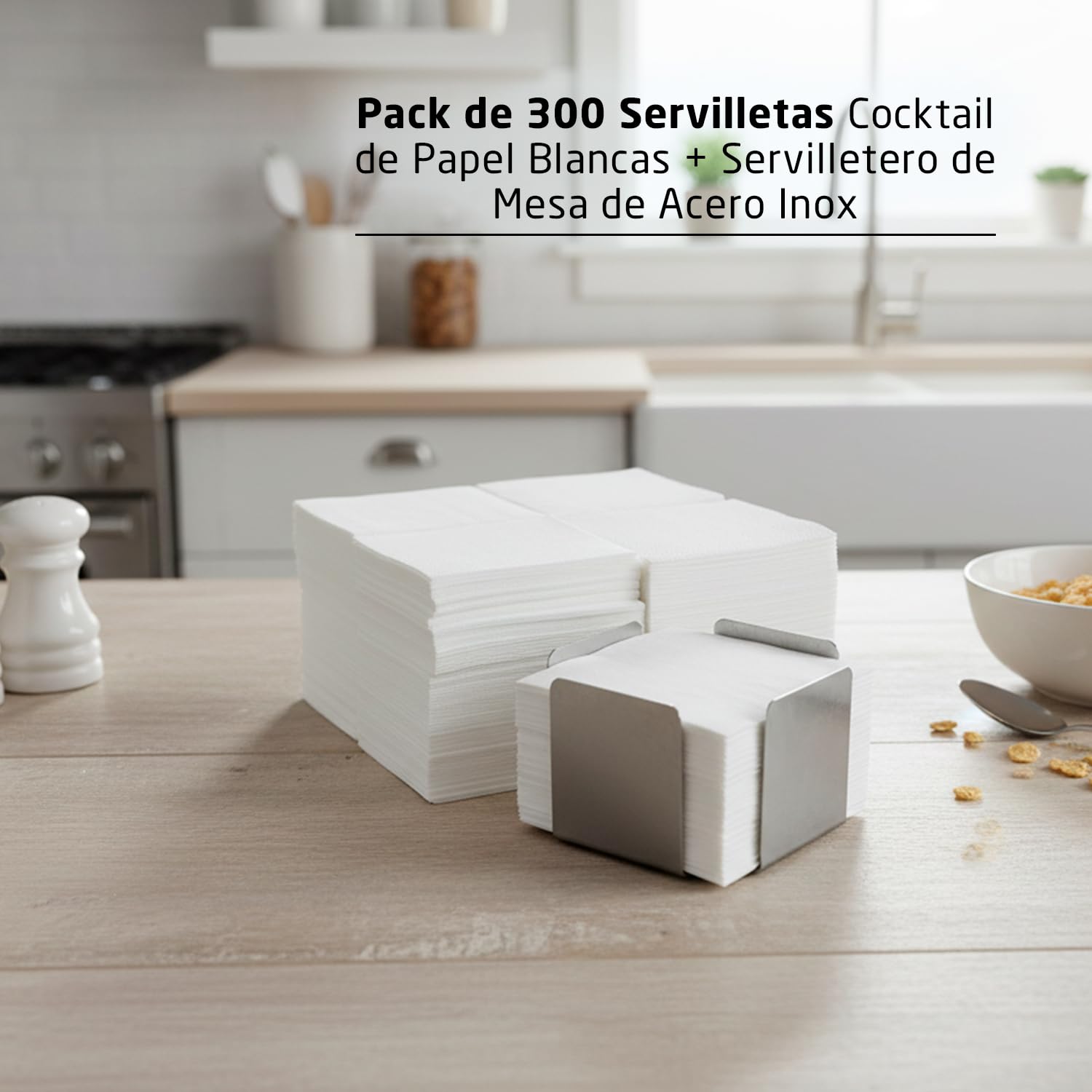 Zestaw 300 białych papierowych serwetek koktajlowych + serwetki na serwetki ze stali nierdzewnej - tekstura mikrokropki - grubsza i chłonna - 10 x 10 cm złożona - Hostelnovo