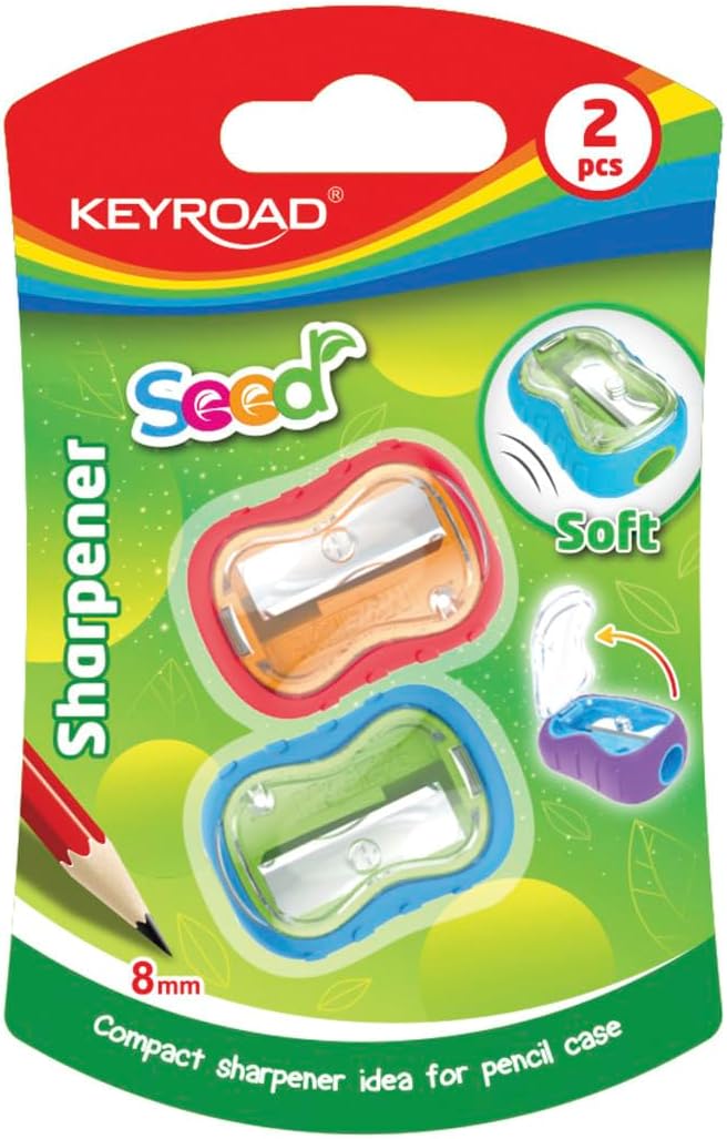 KEYROAD Rubber Ergonomic Pencil Sharpener Single / 2 Pieces/Plastic/Steel Blades/Pencils and Coloured Pencils/Blister Pack - Mixed Colours/for Nursery Preschool and School