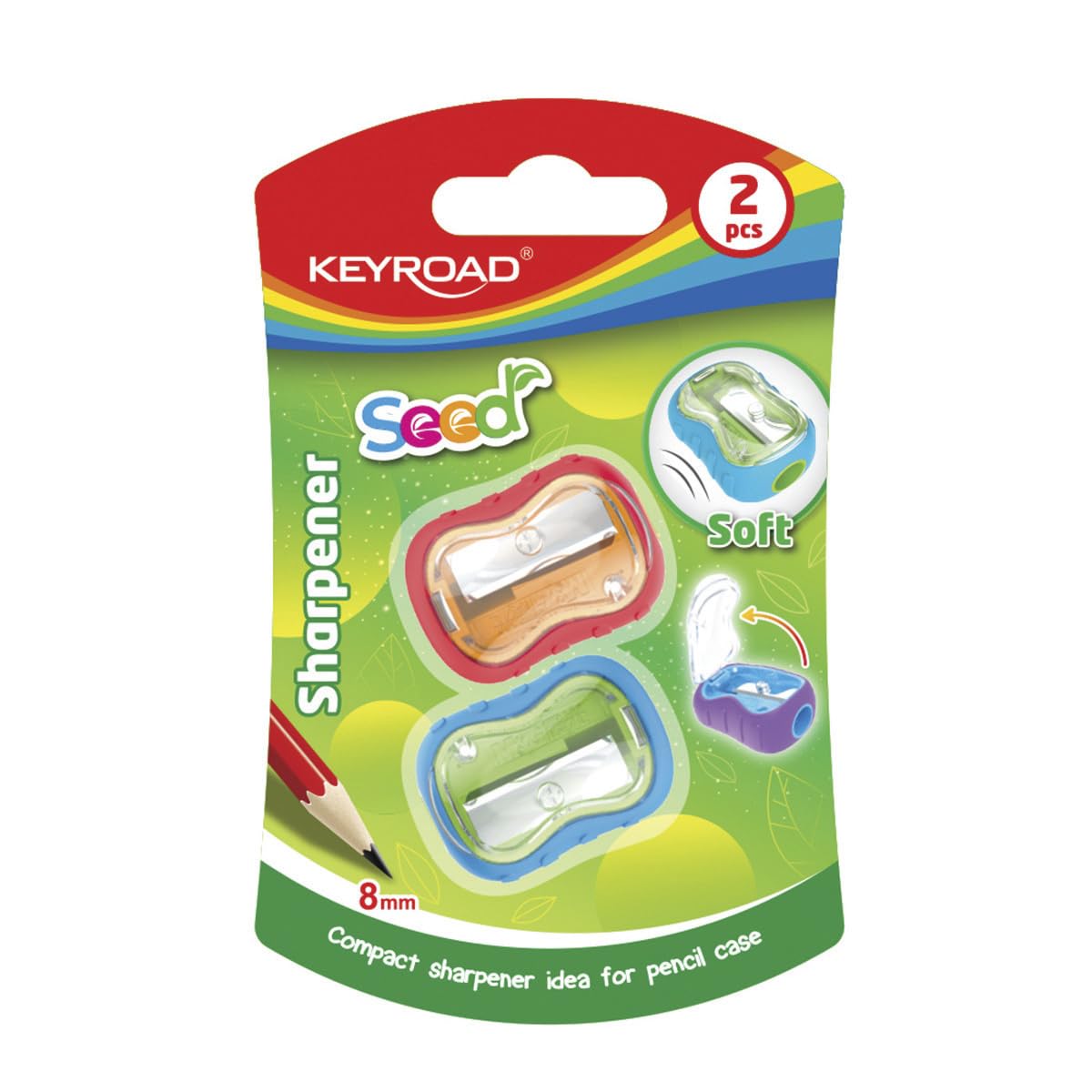 KEYROAD Rubber Ergonomic Pencil Sharpener Single / 2 Pieces/Plastic/Steel Blades/Pencils and Coloured Pencils/Blister Pack - Mixed Colours/for Nursery Preschool and School