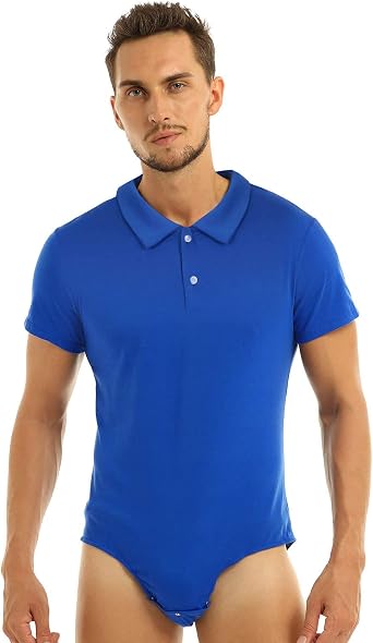 Mens Turn-Down Collar Short Sleeve Bodysuit T-Shirt Press Button Crotch Leotard Crop Top Undershirt Blue X-Large