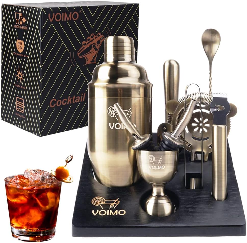 Bartender Kit Cocktail Set, VOIMO Stainless Steel Bronze Wire Drawing Cocktail Shaker Set, 12 Piece Bar Tools Set with Black Bamboo Stand, Cocktail Gift Set for Holiday Day, Home or Bar