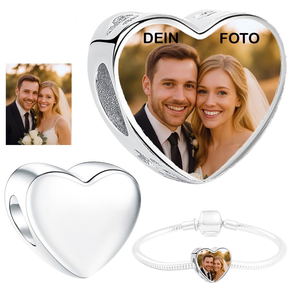 Silber 925 Personalisierter Schmuck Foto-Charm – Kompatibel mit Pandora-Armbändern, Liebe Herz Personalisiertes Geschenk – Fügen Sie Ihr Bild hinzu (klar)