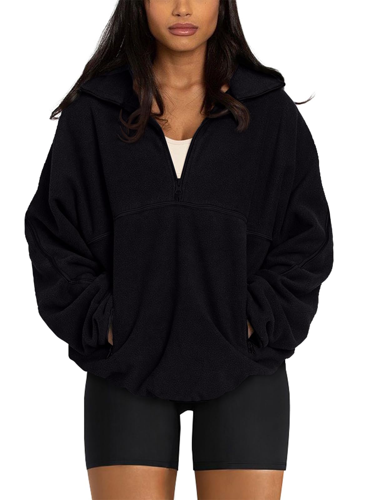 LASLULU Womens Half Zip Pullover Sweatshirt Sherpa Fleece Jacket Oversized Sweatshirts Warm Fuzzy Sweaters Pockets