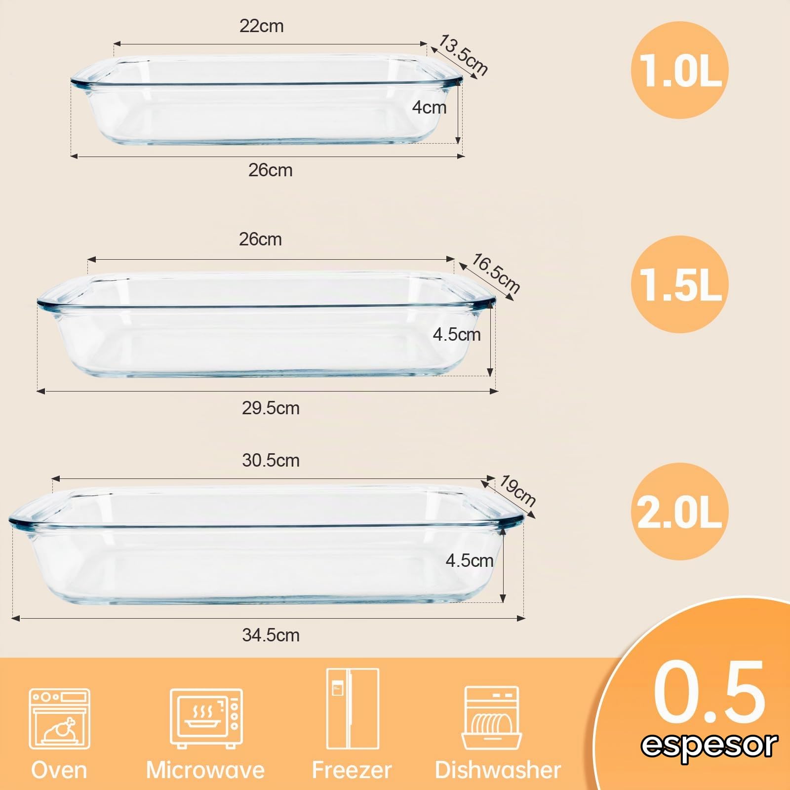 Moldes rectangulares de cristal, 3 unidades, 1 + 1,5 + 2 l, para lasaña, grandes, de cristal, para asar en el horno, apto para microondas