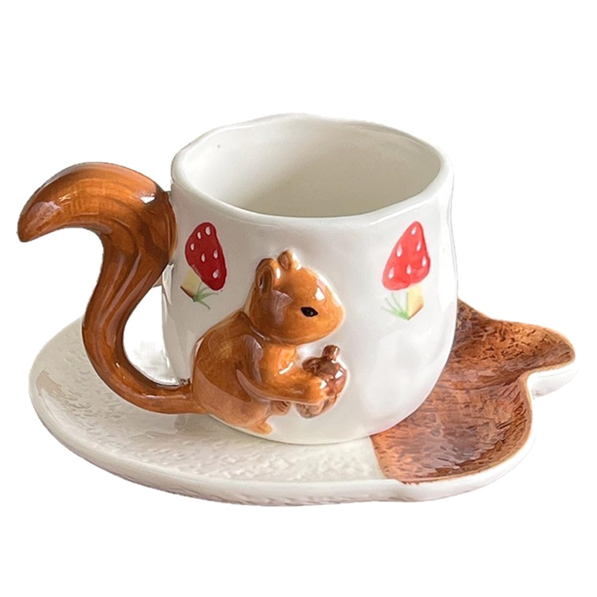 CTRLZS Lovely Squirrel Relief Design Porcelain Cup& Sauce Coffee Mug for Dining Table Flowers Teacups Fruits Juice Cups Afternoon Tea A