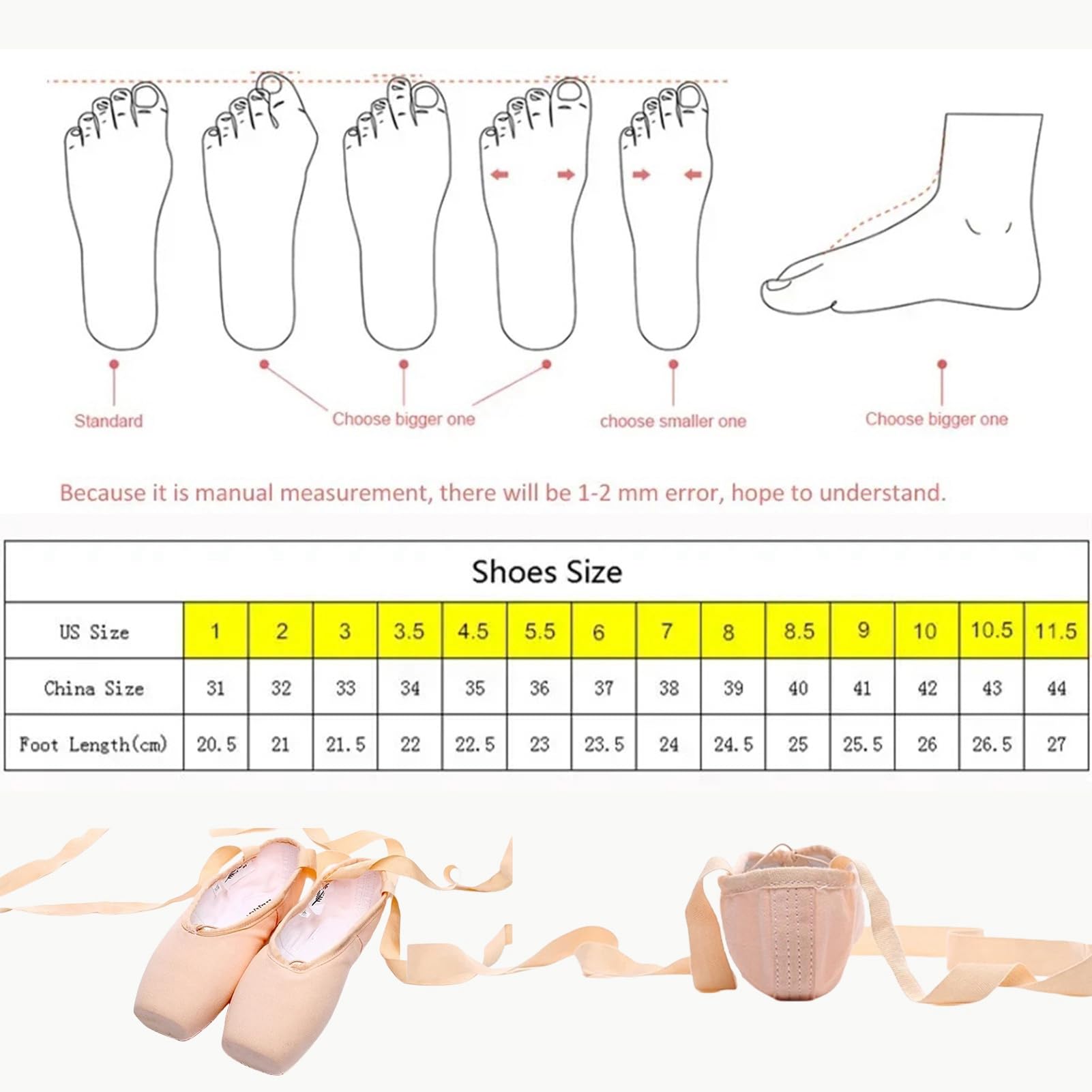 Chaussures de Pointe de Ballet Chaussures de Ballet avec Ruban Cousu et Coussinets en Silicone pour Filles Femmes