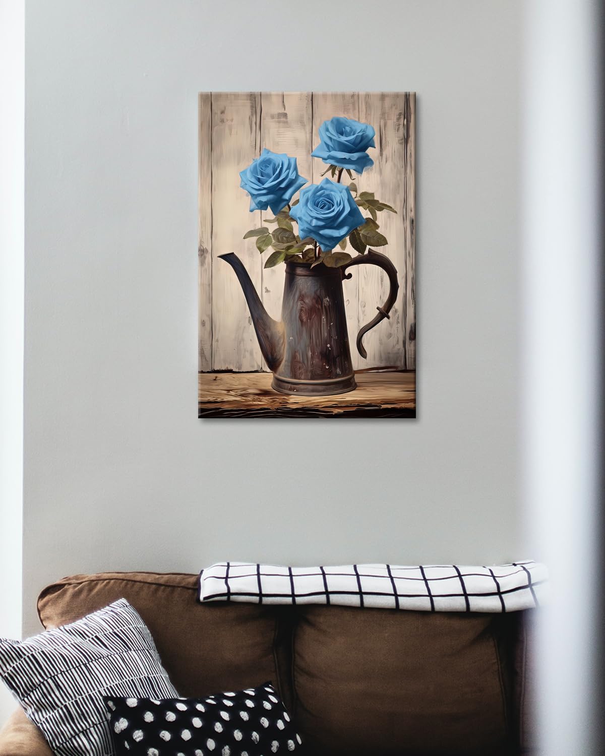 Farmhouse Blue Roses Canvas Wall Art - Rustic Floral Painting For Bathroom, Bedroom, Home Decor
