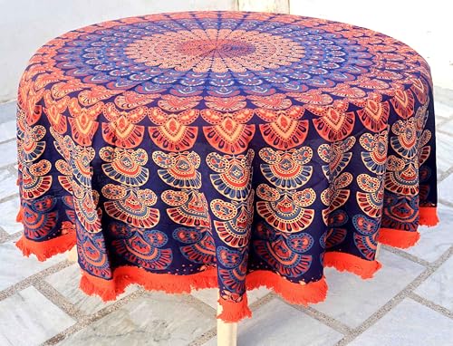 Image of Dining Round Tablecloth 100% Cotton Multicolor Floral Bird Printed 4-6 Seater Round Table Cover with White Fringed Lace Border 75 inch (Blue Multi- RHF-5007)