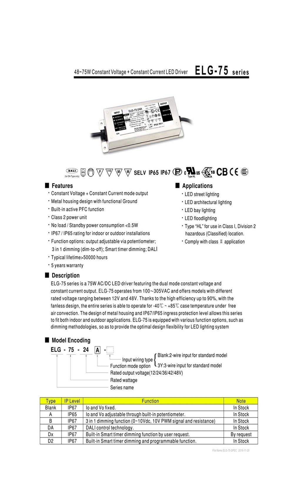 ELG-75-12A-3Y Alimentatore Switching LED 60W 5A 12V 110V/220V CA a 12V CC 5A Driver LED Regolabile Impermeabile IP65