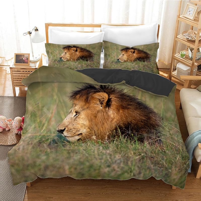 Parure de Lit 220x240 Adulte avec Housse de Couette Lion Vert et 2 Taies d'Oreiller 65x65cm