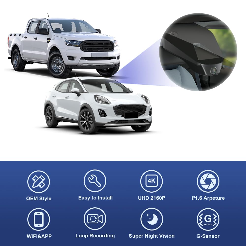 Fitcamx Dash CAM Adecuado para Ford Ranger 2019-2023 Y European Model 2020-2023, 4K Cámara de Coche WiFi 2160P Video, Night Vision, G-Sensor, Enregistrement en Boucle, Plug & Play, Tarjeta de 64GB
