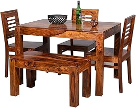 Woodenio Dining Table 4 Seater with Chairs Set | Dining Table Set | 4 Seater Dining Table Set | Dining Room Set | with 3 Chairs 1 Bench | Dining Table 4 Seater | Honey Finish