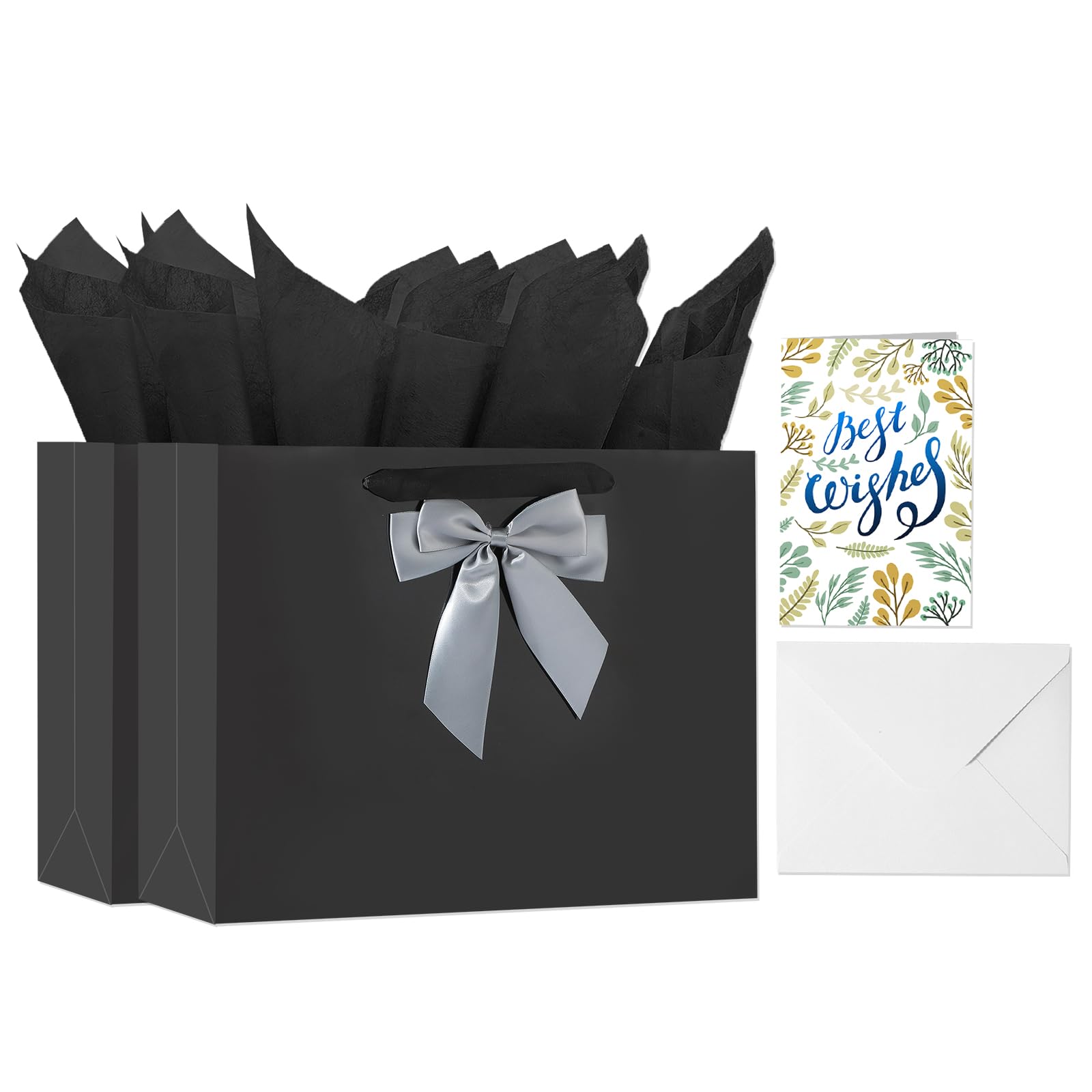 Birthday Gift Bag with Tissue Paper and Card(2 PCS Bright Black, 13")