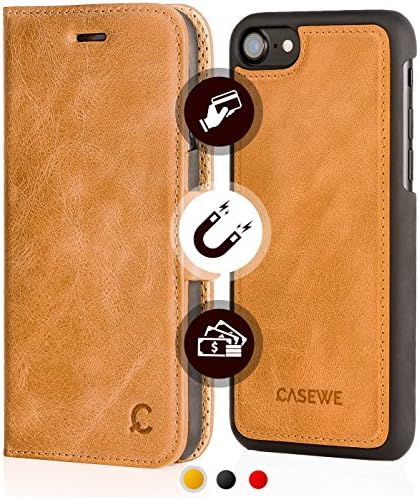 iPhone 8 / iPhone 7 Leather Wallet Case - Folio Book in Italian Style, Genuine Flip Case, 3 Card Holder and Cash with Kickstand Function - Magnetic Clip Closure & Detachable Hard Cover - Cognac