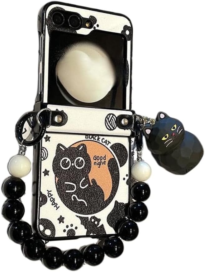 for Samsung Galaxy Z Flip 6 Case with Hinge Protector Beads Strap Woman Cute Case Black Cat Ornaments Kawaii Girly Wristband Case for Z Flip 6 (Galaxy Z Flip6)