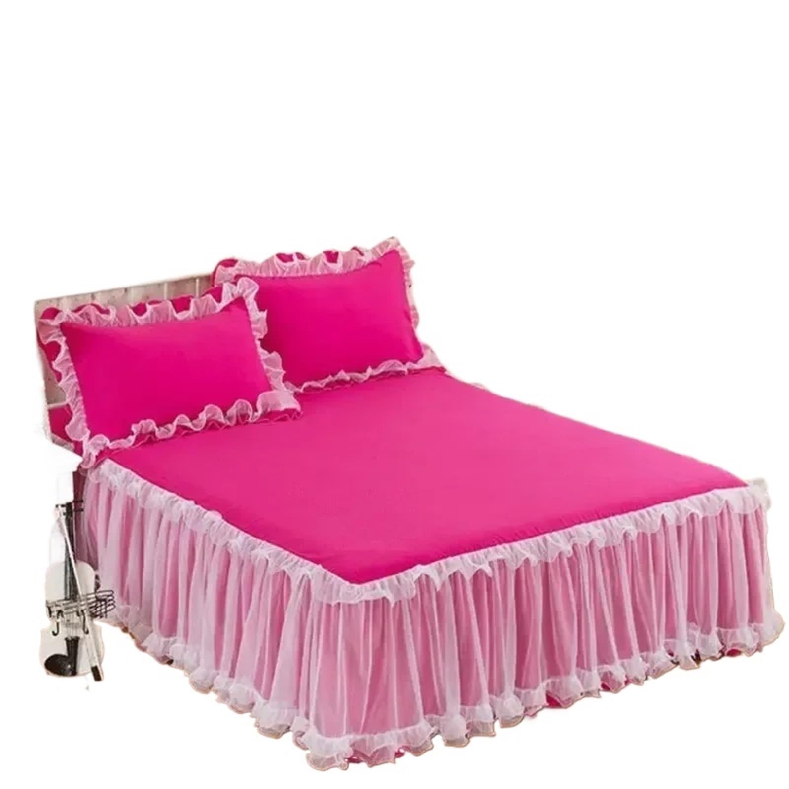 Bed Skirt 3 Pink Lace Bed Skirts Ruffle Edge Mesh Protective Bedspread Thickened Anti Slip And Dustproof Sheets And Pillowcases(Color 2,150x200cm 3pcs)