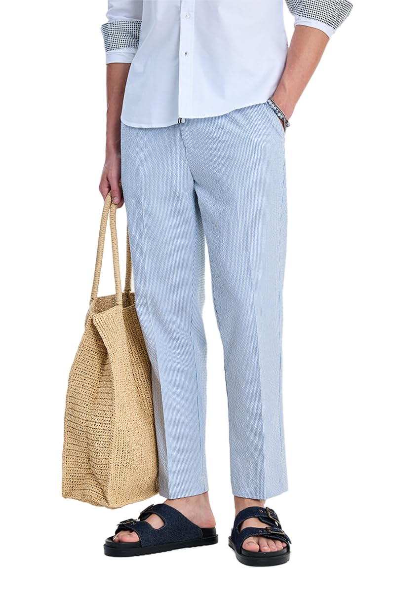 snitch Luxe Men Trousers Formal Relaxed Fit Fine Vertical Stripes Ankle Length Pleated Front | Polyester Blend Stretchable Fabric for Office-picture-24