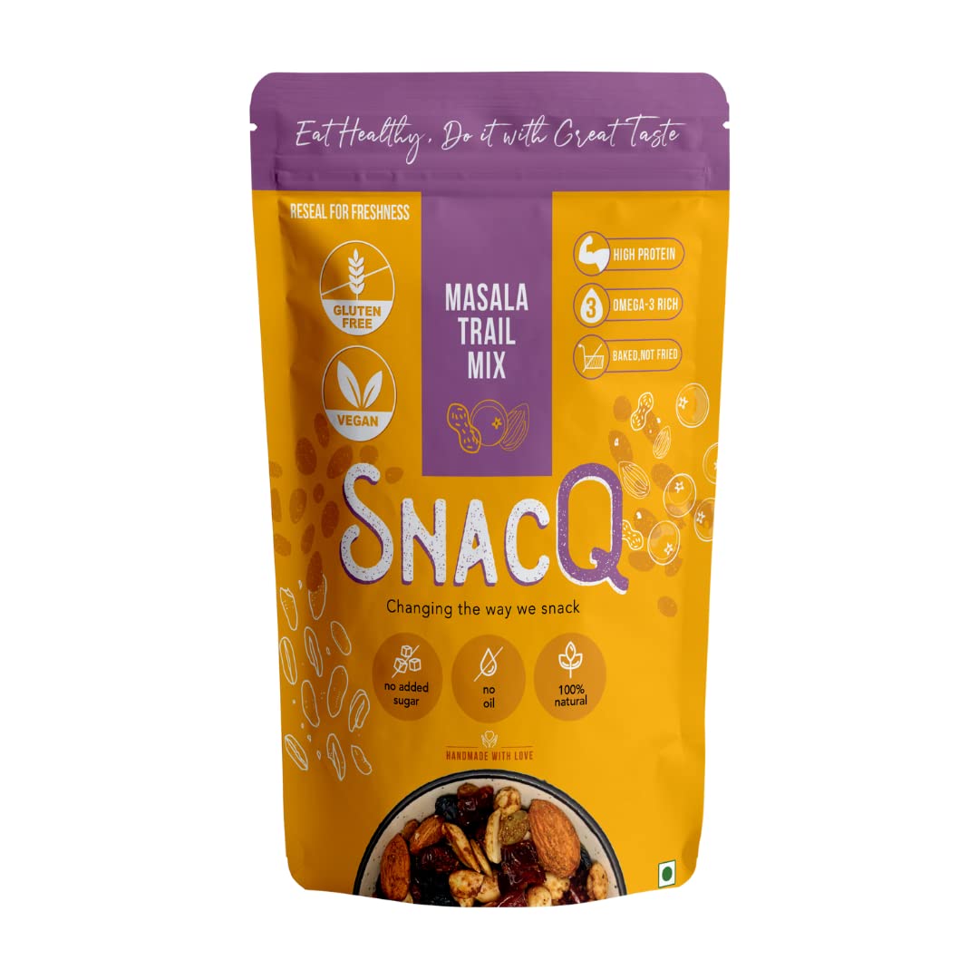 SnacQ Masala Trail Mix 250 grams (Pack of 1) | Gluten Free, Vegan, No Oil, No Preservatives, Zero Added Sugar Nuts, Berries & Seeds Mix | Made with Natural Ingredients Only