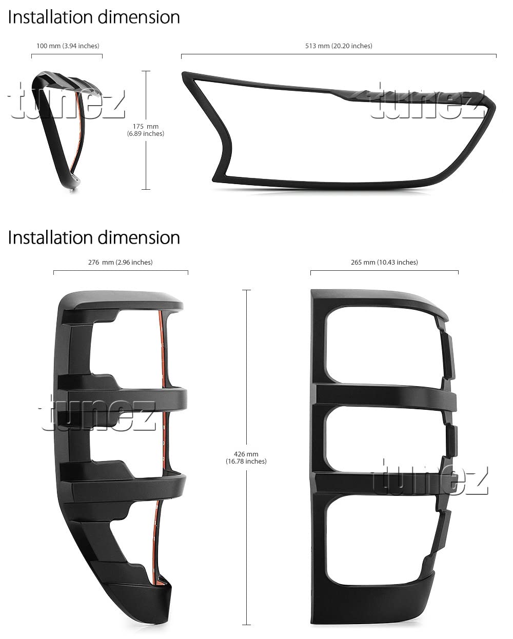 TUNEZ® Osłony reflektorów i świateł tylnych kompatybilne z Ford Ranger PX T6 Wildtrak XL XLT Limited 2 XLS Mk2 Mk3 rok 2016-2019 przednia i tylna lampa matowa czarna osłona