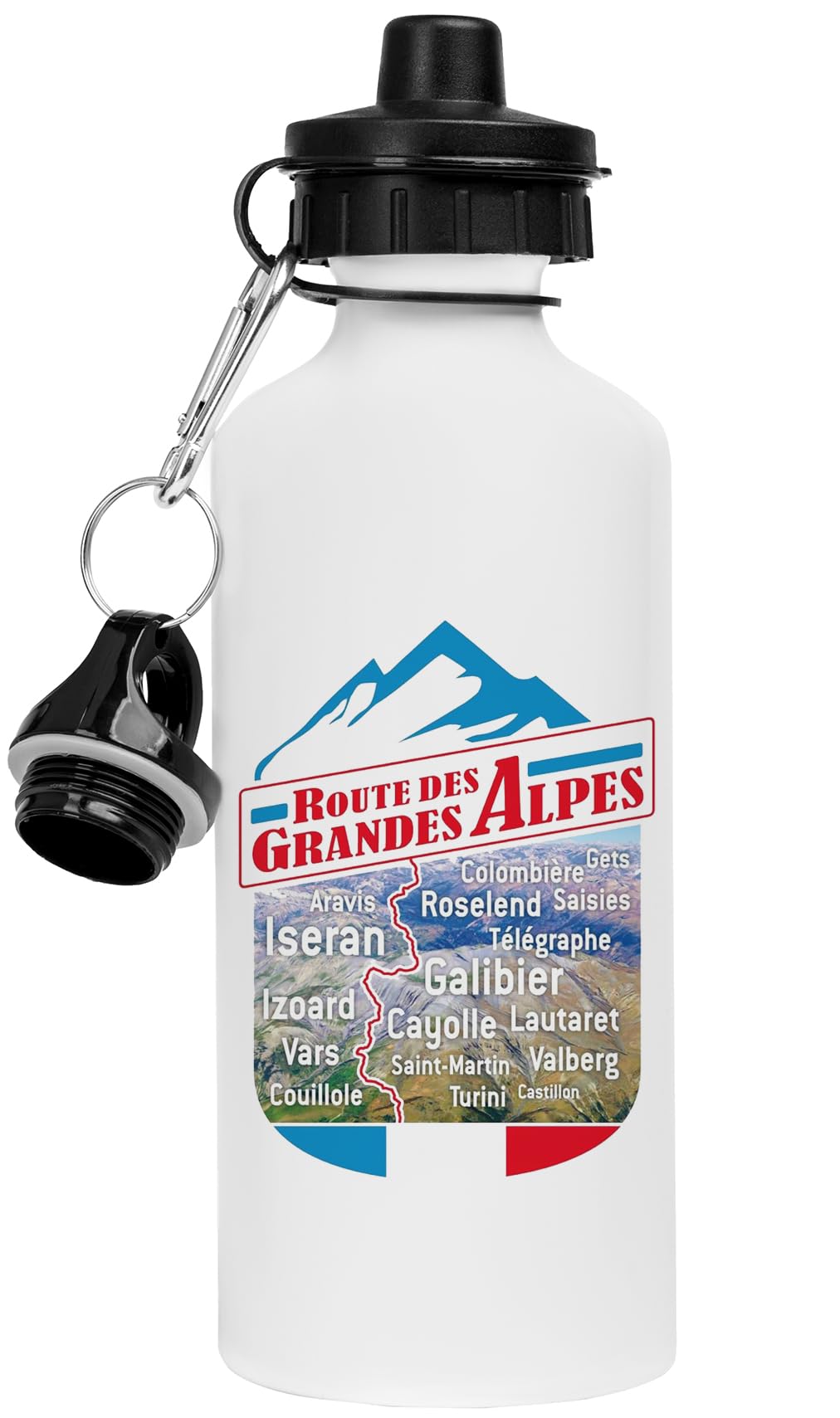 Gourde inox blanche Itinéraire des Grandes Alpes avec sa tasse à café pour vos randonnées