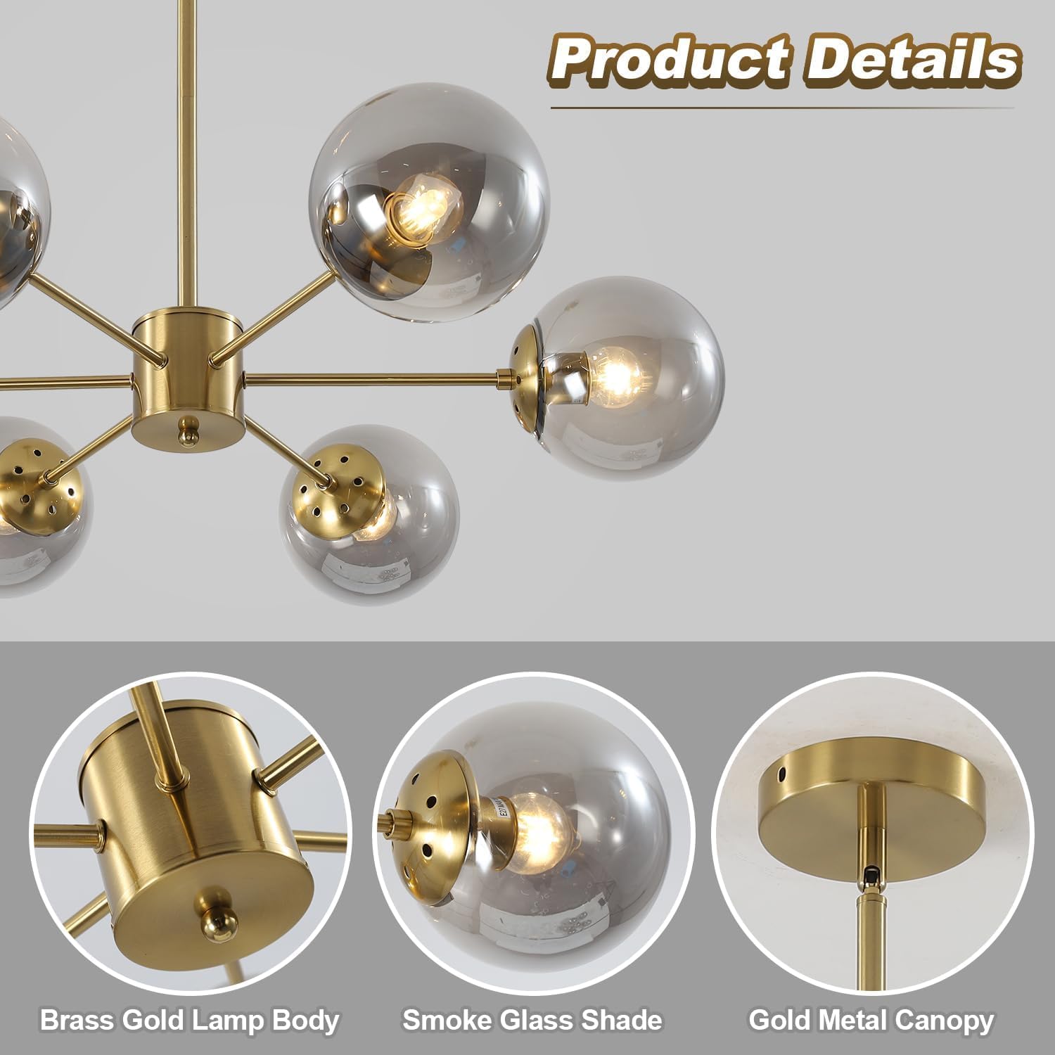 KCO Lighting Gold Globe Chandelier Smoke Bubble Glass Ball Pendant Lighting Fixture Modern 6-Light Brushed Brass Sputnik Chandelier Light Mid Century Hanging Ceiling Lamp for Living Room