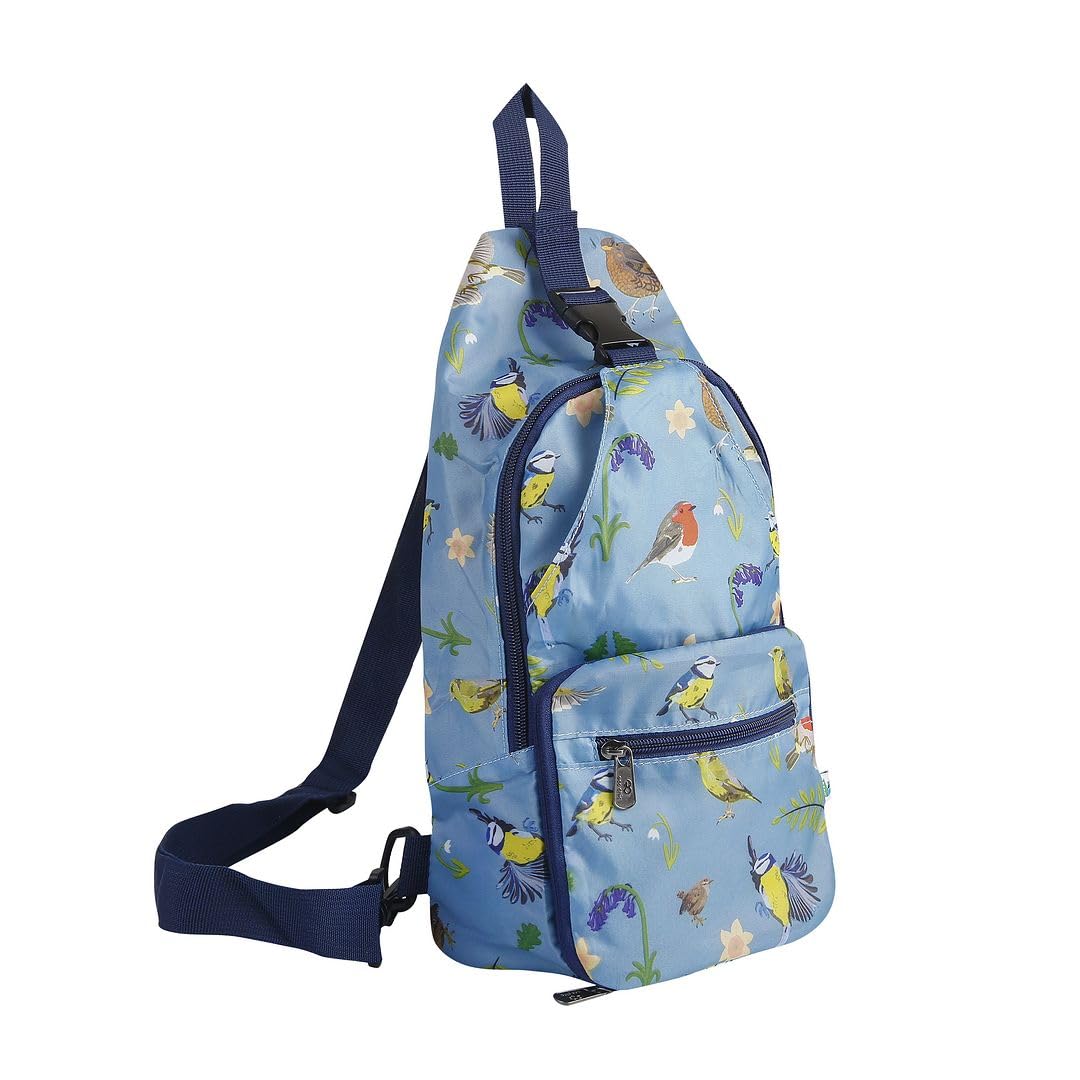ECO CHIC Lightweight Foldable Crossbody Bag Recycled Plastic Shoulder Backpack Folds Into Pouch for Storage (RSPB Birds Blue)