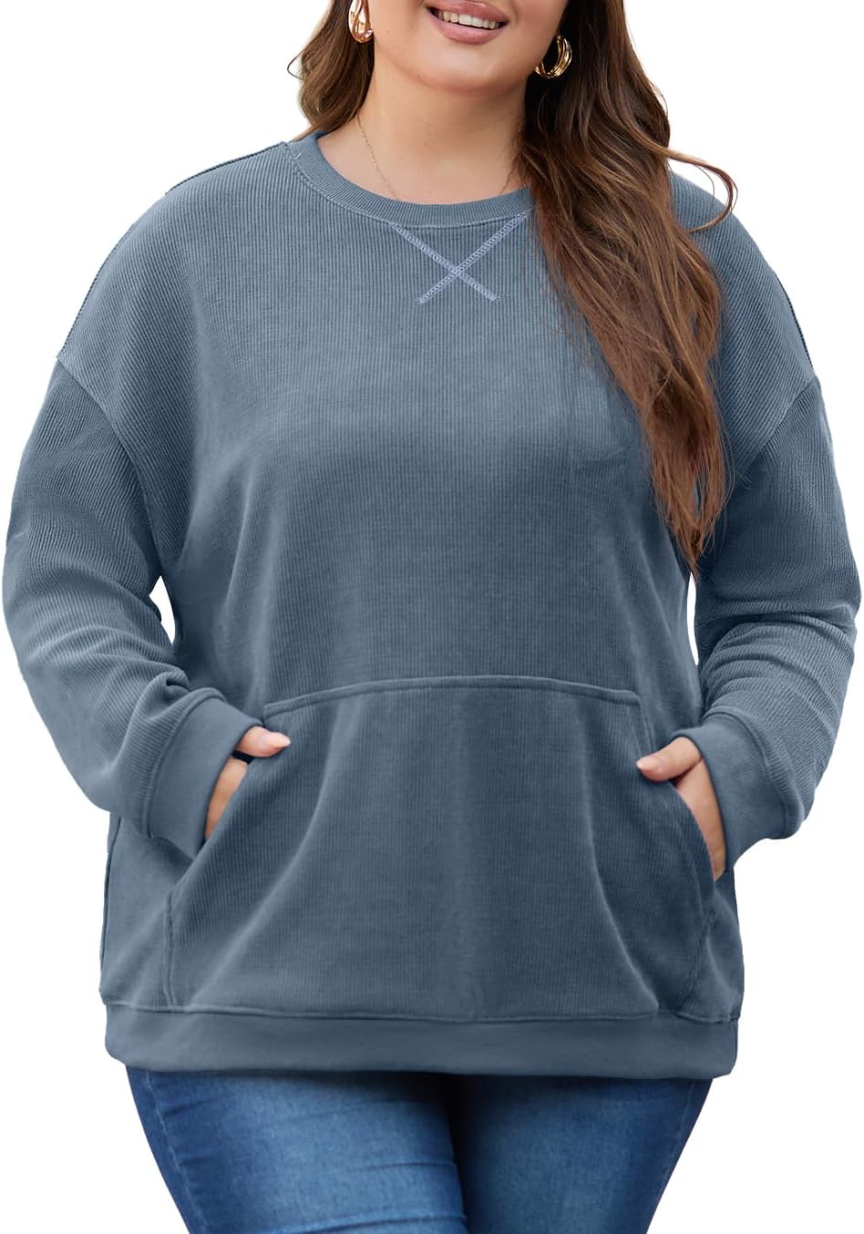 OLRIK Women Plus Size Sweatshirt Oversized Corduroy Crewneck Pullover Sweater with Kangaroo Pocket Fall Fashion