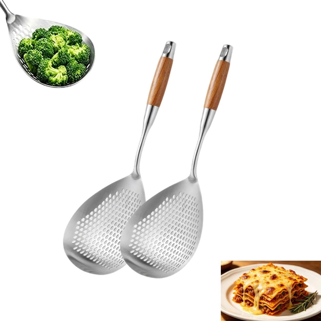 Schaumlöffel aus Edelstahl 304 mit ergonomischem Holzgriff, 42 cm großer Küchensieb, Frittierkelle mit Schlitzen, aufhängbarer Kochsieb, hitze- und rostbeständige Schöpfkelle mit Schlitzen (2PCS)