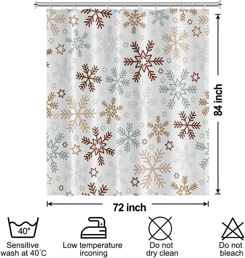 Christmas Shower Curtain for Bathroom 72x84inches X-mas New Year Decor Shower Curtain Set with Hooks Snow Flowers White Waterproof Fabric Shower Curtain