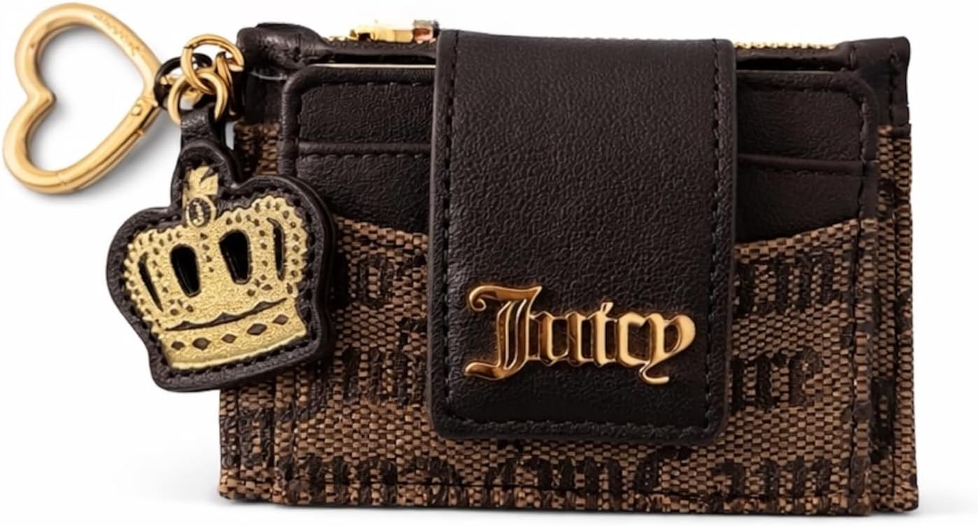 Juicy Couture Card Holder Wallet with Crown Charm, Brown Signature Print with Beige Accent, Zippered Coin Pouch, ID Window