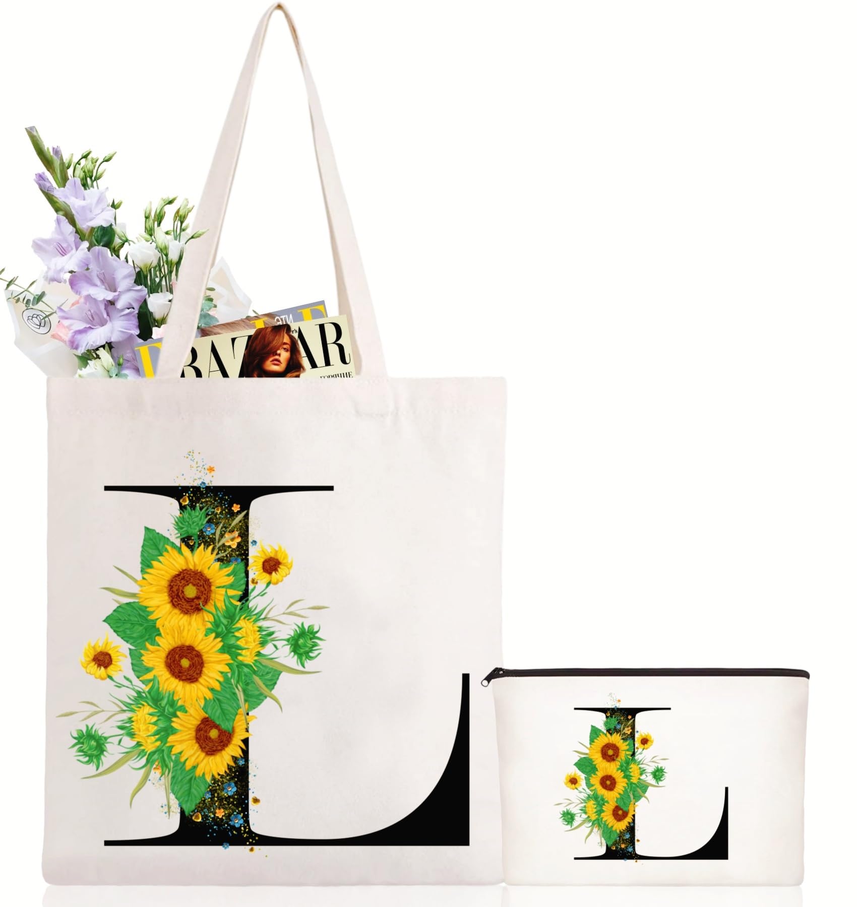Andeiltech Initial Canvas Tote Bag Sunflower Letter Personalized Makeup Bag Monogrammed Gift for Bridesmaids Birthday Wedding