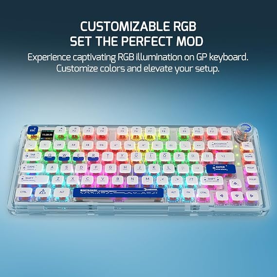 Gamepower Gasket Pro X kablosuz mekanik oyun klavyesi, %75 düzen, üçlü mod (kablosuz, Bluetooth, kablo), RGB, 81 tuş, doğrusal anahtarlar, akıllı ekran, beyaz