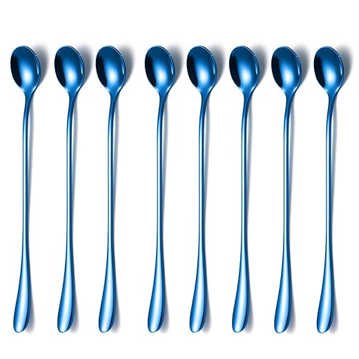 12 Pieces Rainbow Iced Teaspoon, 7.7 Inch Long-handle Spoons, Colorful Small Spoons and Reusable Stainless Steel Metal Straws with Silicone Tips, Plus 2 Brushes for 30 oz and 20 oz Tumblers