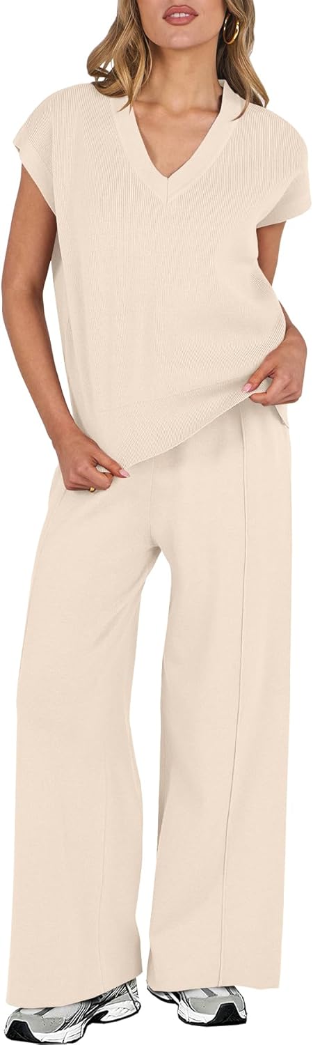 Caracilia Women’s Summer 2 Piece Sweater Vest Sets Knit Top & Wide Leg Pants Lounge Matching Set 2025 Spring Airport Outfits