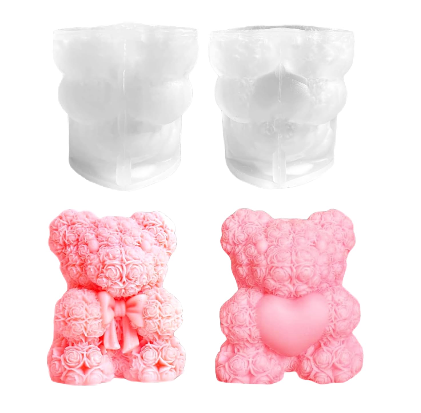 Nirwa 2 Pack Rose Bear Silicone 3D Rose Bear Valentine's Day Silicone Mold, Gift Making Wax Ceramic Clay Resin Birthday Gift Valentine's Day Gift Resin Pouring Mold DIY Candle Aroma Wax Soap Clay