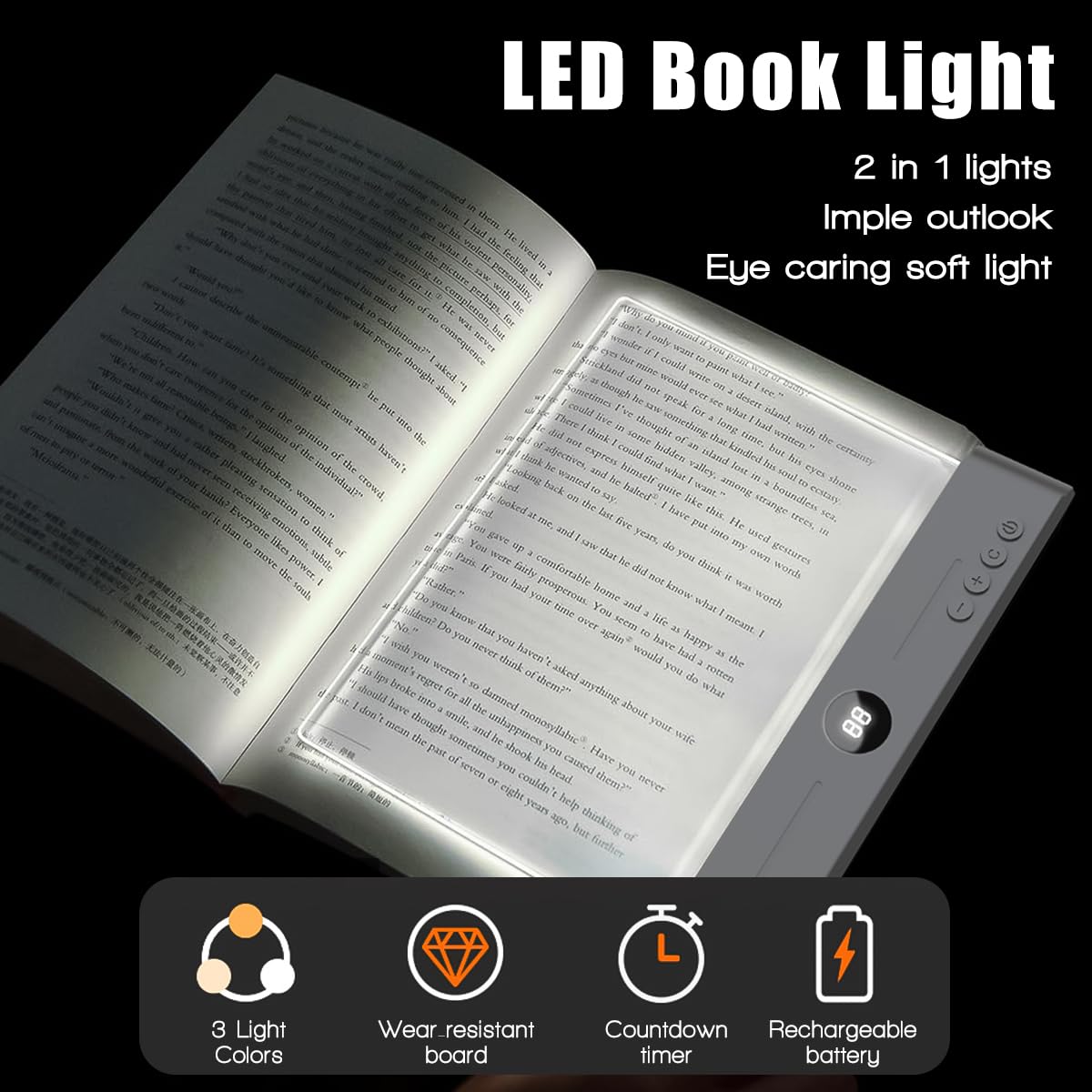 Luce per libro piatta, aggiornamento 2026, scatola del tesoro, lettura a letto di notte con 3 colori e timer, lampada a pannello dimmerabile, luce a pagina intera, regalo per gli amanti dei