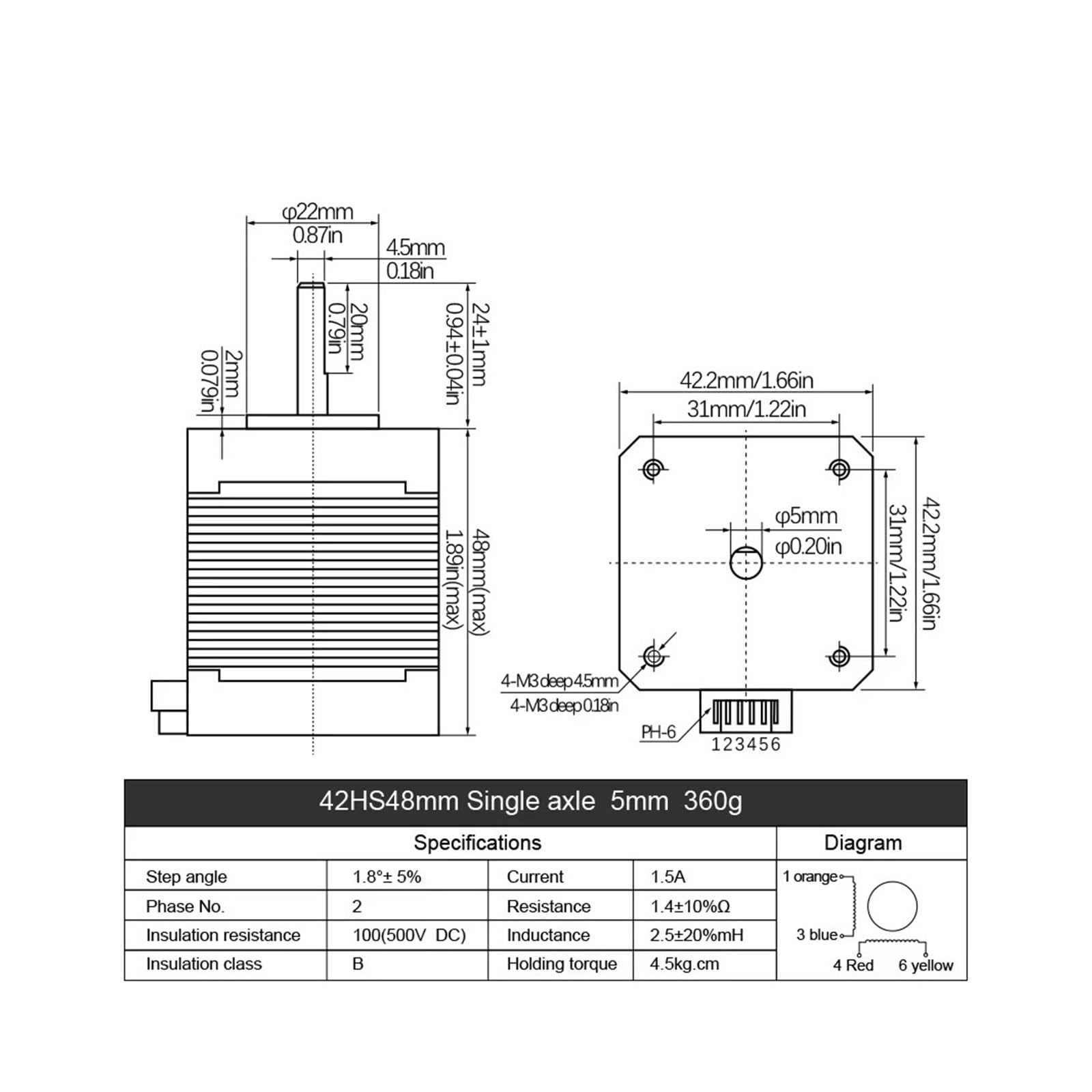 Motor paso a paso Nema17 42hs48 17hs48 4,5 kg.cm 1.5a 48mm 42 Motor 4 conductores 2 fases 0,55Nm Motor paso a paso