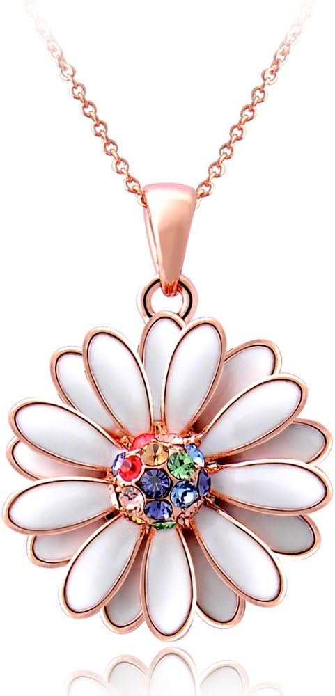 Libaraba Rose Plated Colorful Rhinestone and White Drop Glaze Daisy Necklace