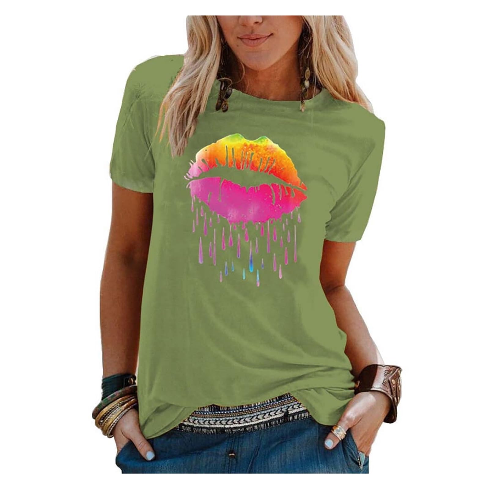 ASIYAN Tshirt Femmes Casual Top Shirt Casual Col Rond À ​​Manches Courtes Chemise Femmes À Manches Courtes T Shirt Blanc T Shirt Pull S-5XL T-Shirt Oversize (Color : Green 1, Size : XXL)