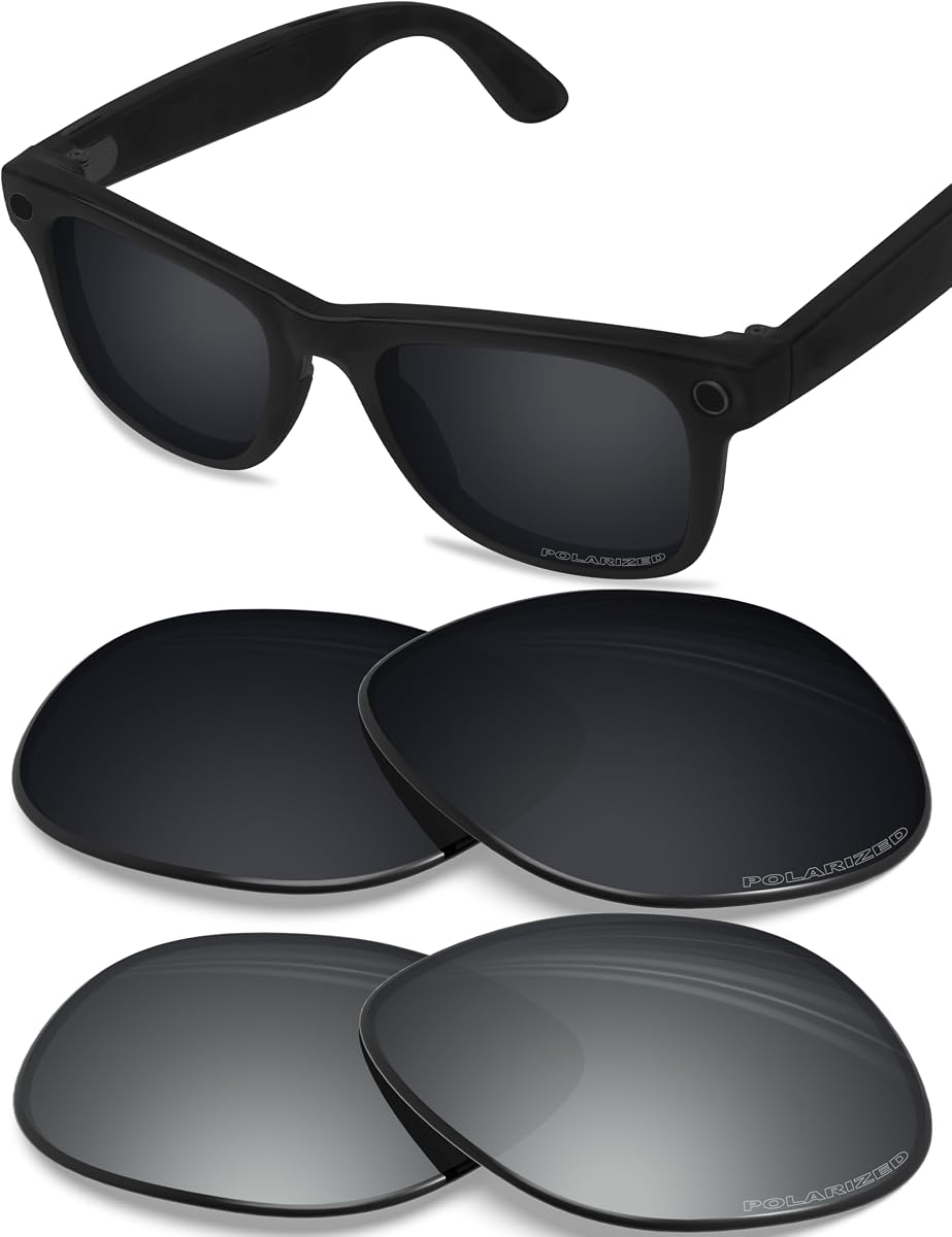 Lentes de repuesto polarizadas antisal BAZERBUCK compatibles con Ray-Ban Meta Wayfarer RW4008 | Gafas inteligentes RW4012 (Gen 2) de 53 mm - Cromo negro y plateado